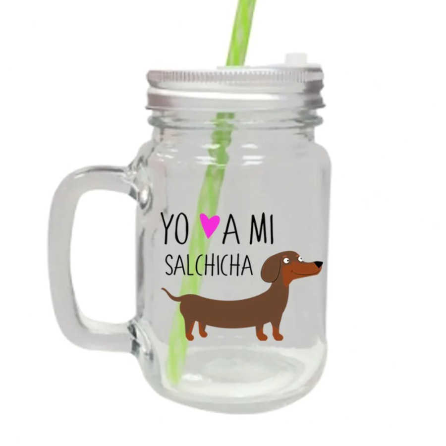 Jarra de vidrio con tapa salchicha yo amo a mi perro color café, , large image number null